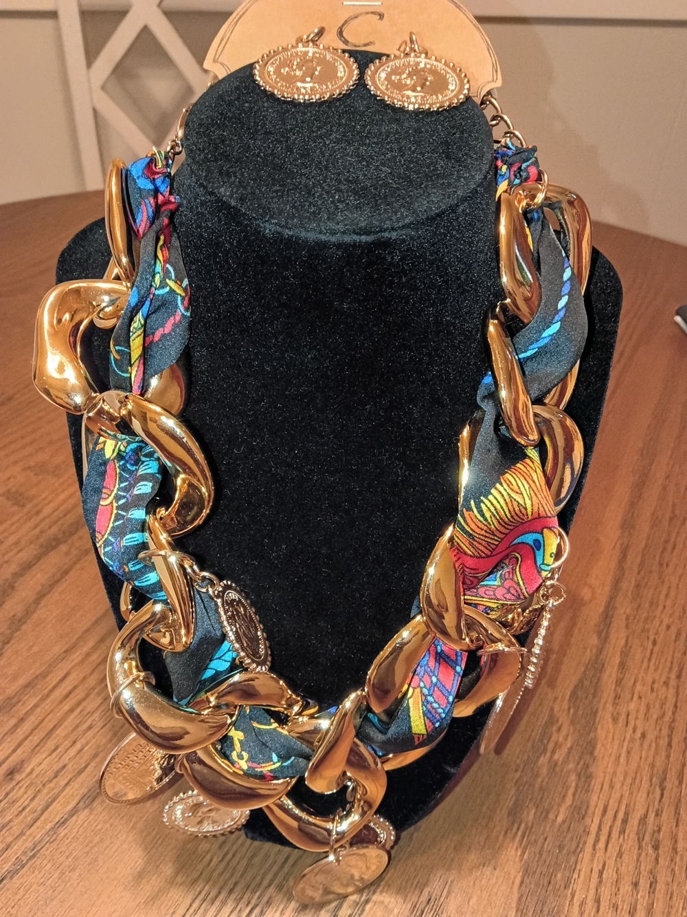 Gold Chain Necklace with Multicolor Scarf and Coin Charms